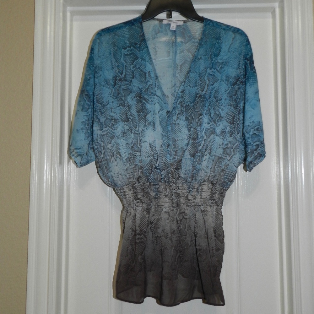 Animal Print Peplum Top Semi Sheer Blue Brown